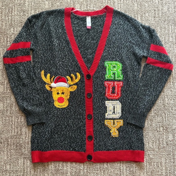 Women’s XL Christmas cardigan sweater, long, varsity style Rudy reindeer sequins - Picture 1 of 5